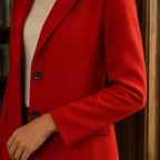 Detail of the red jacket's lapels, buttons and wool-blend surface.