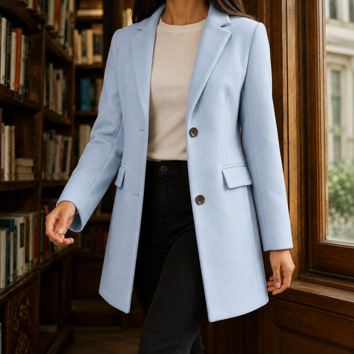 Blue tailored jacket with a button front.