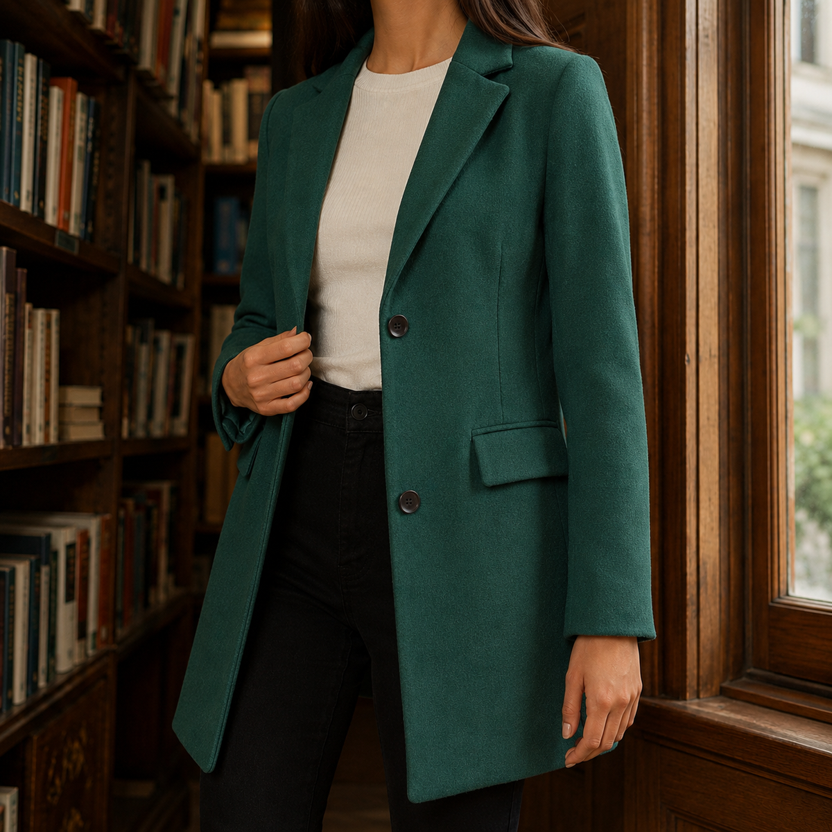 Green tailored jacket with a button front.