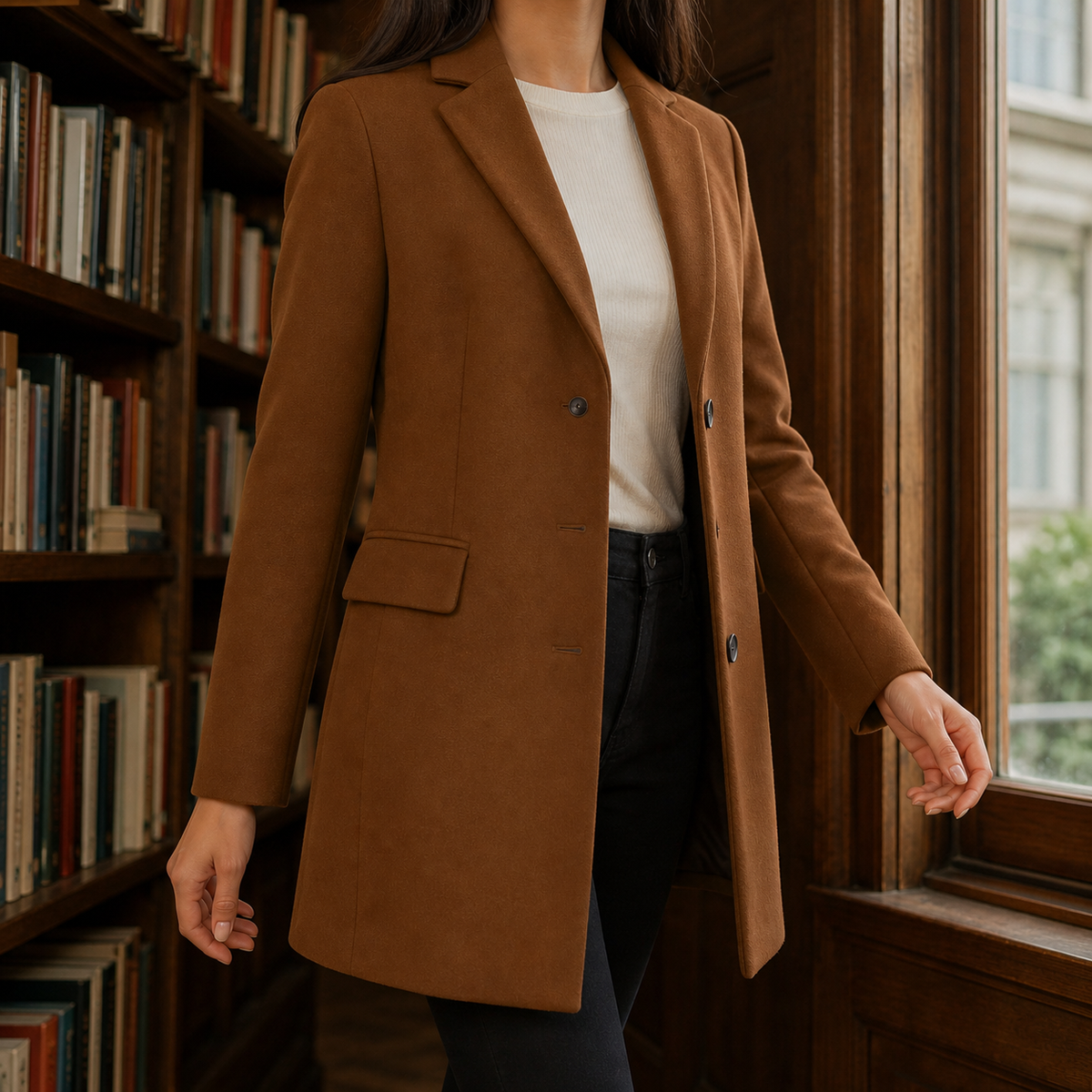 Dark brown tailored jacket with a button front.