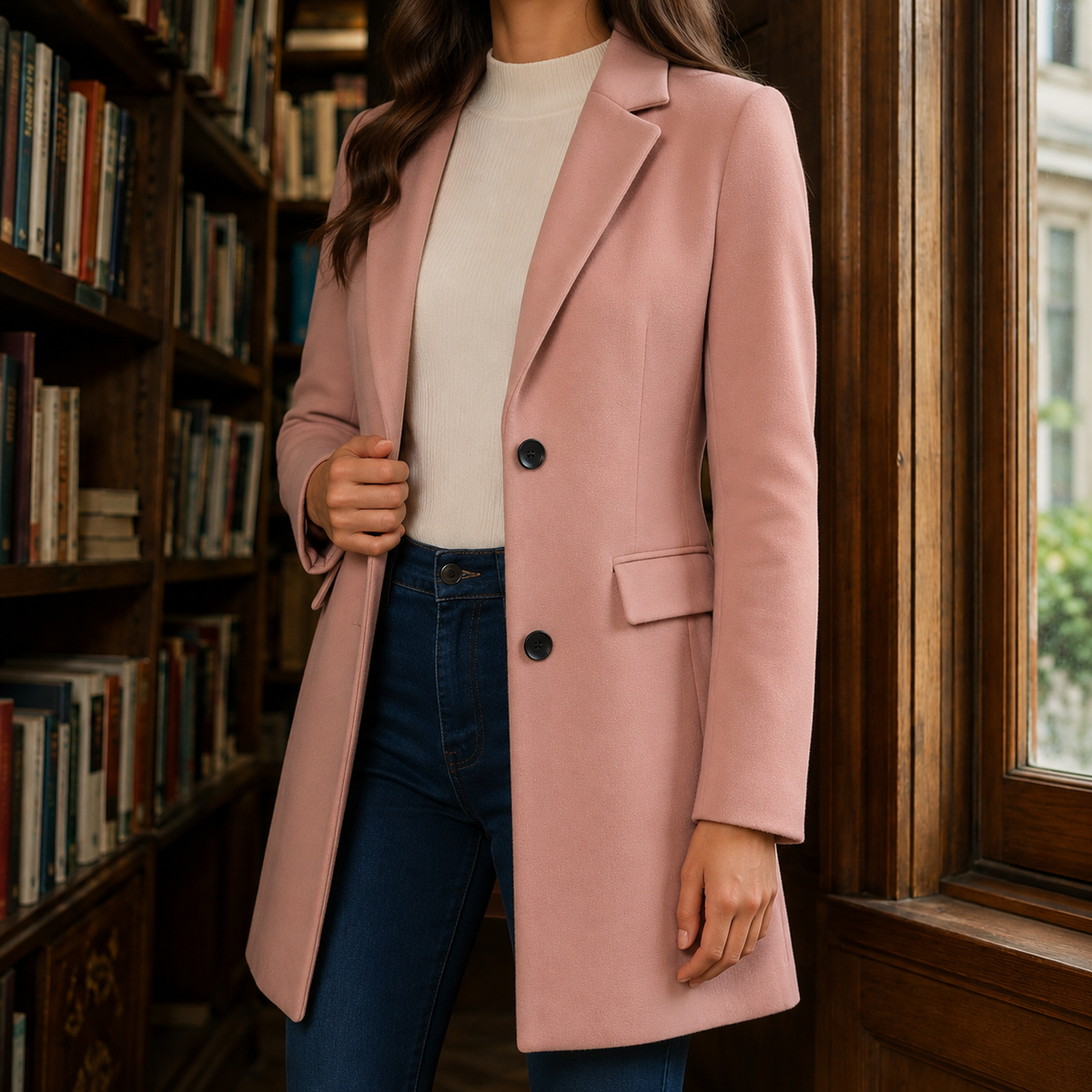 Pink tailored jacket with a button front.