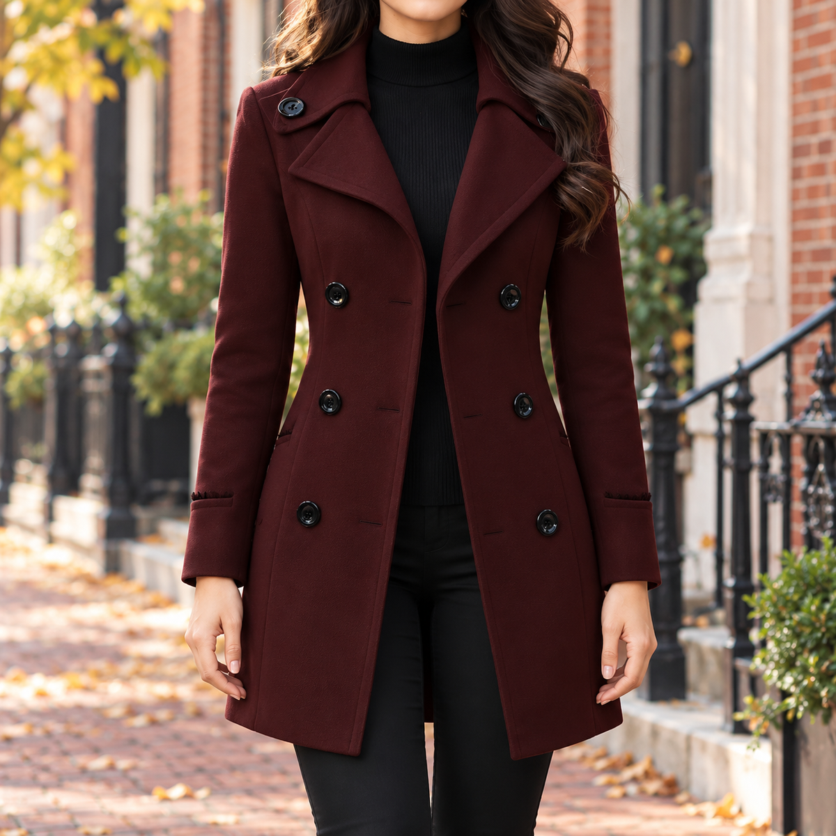 Burgundy trench coat worn on a Washington DC street.