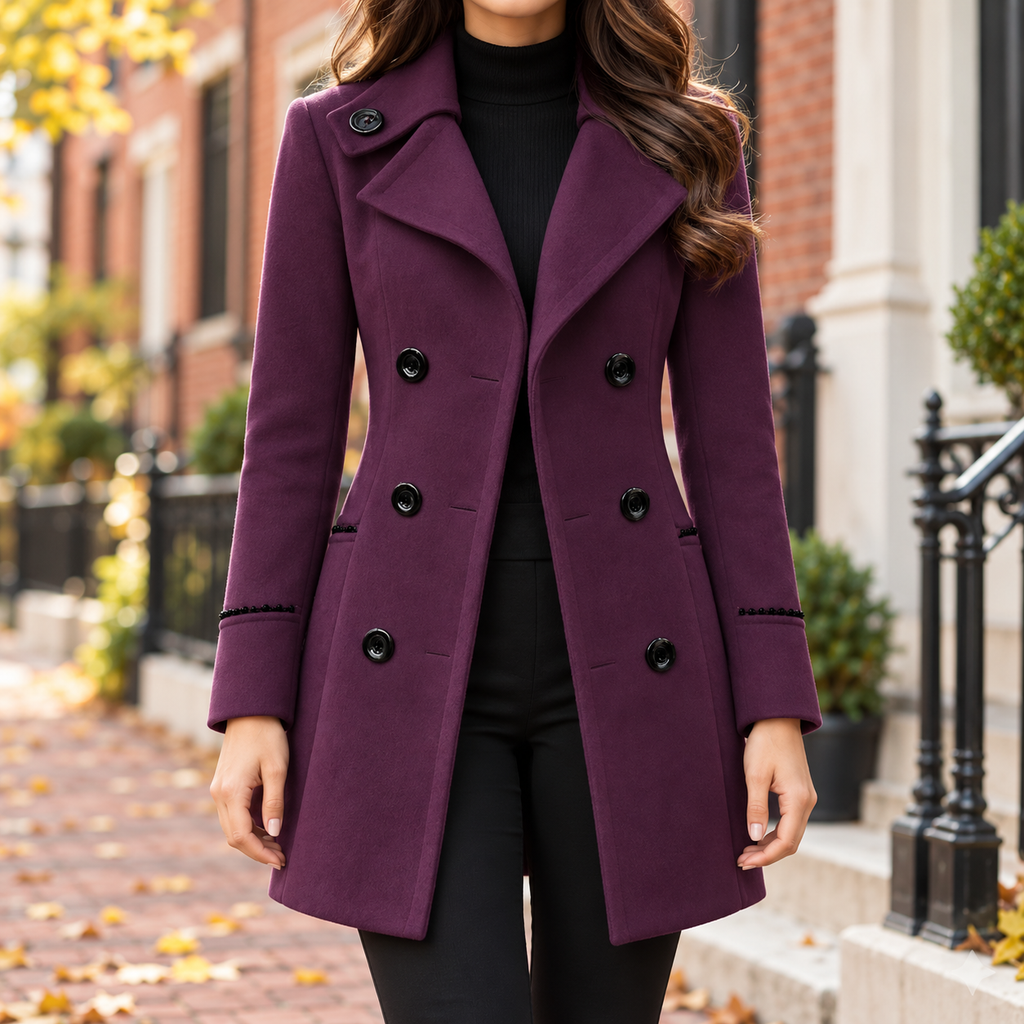Purple trench coat worn on a Washington DC street.