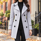 Gray trench coat worn on a Washington DC street.
