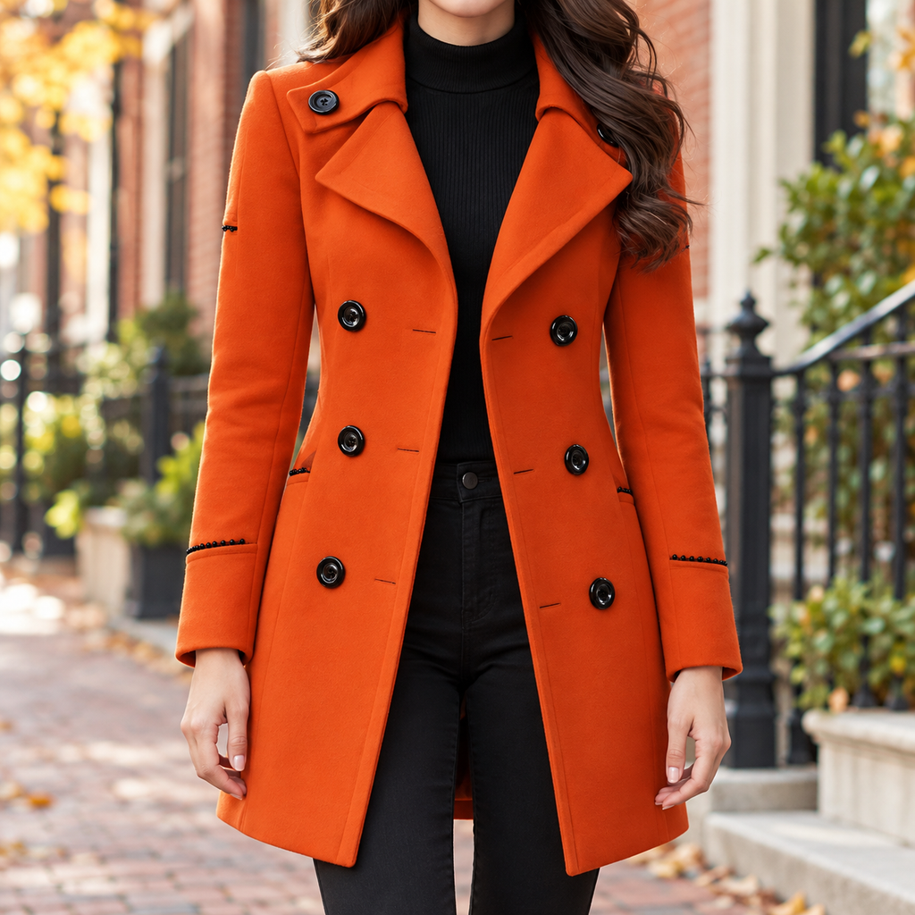 Orange trench coat worn on a Washington DC street.