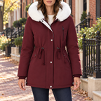 Burgundy parka worn on a Washington DC street.