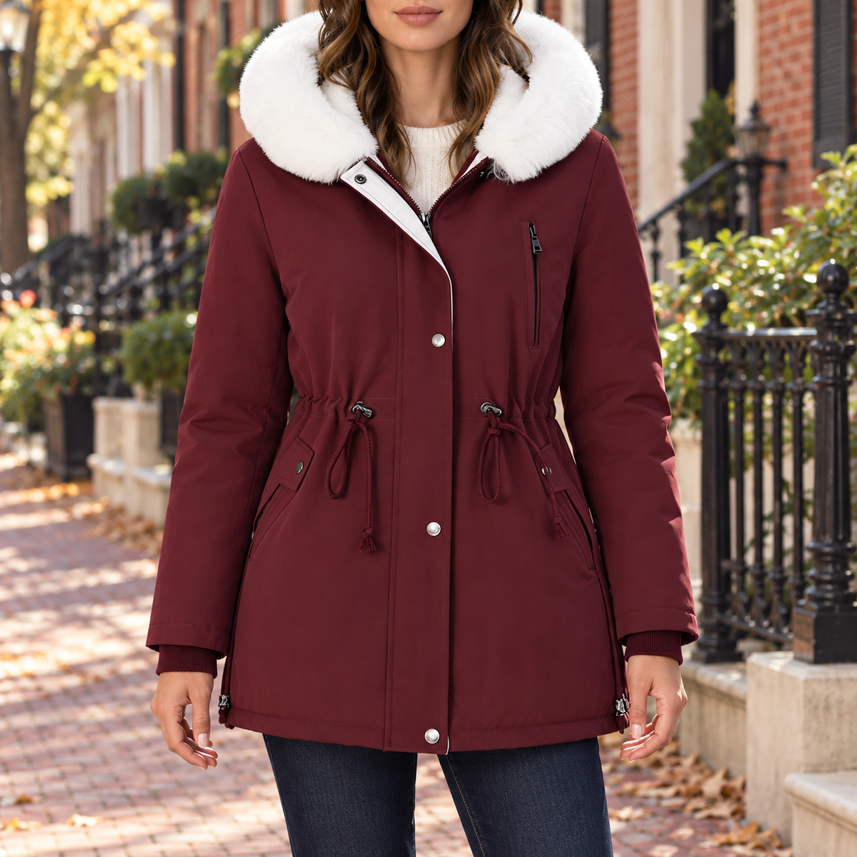 Burgundy parka worn on a Washington DC street.