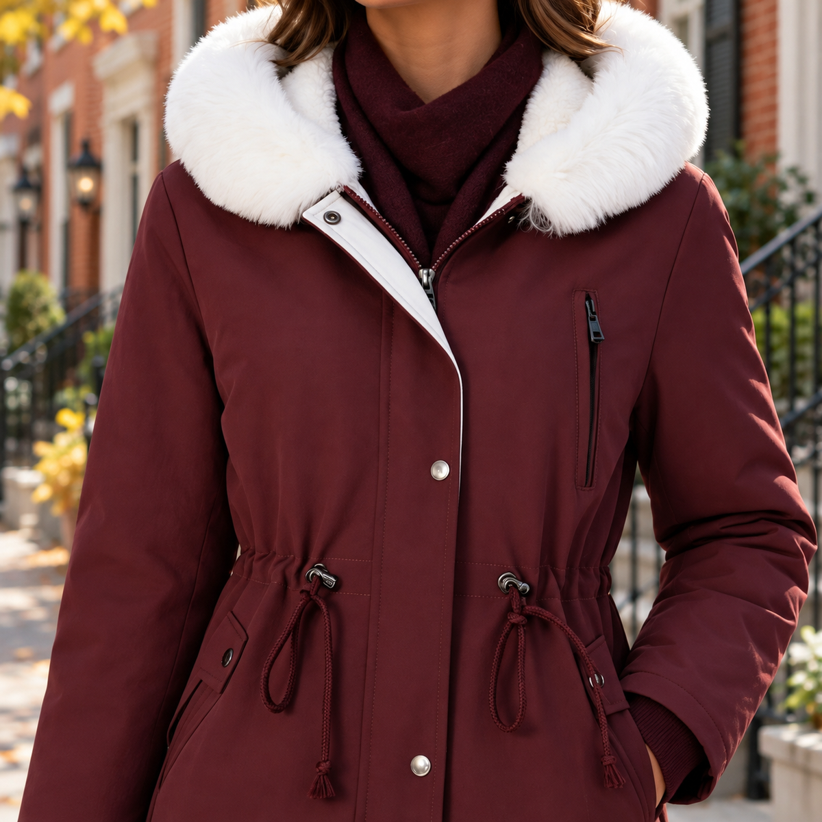 Close-up of the parka showing its hood lining and front fastening.