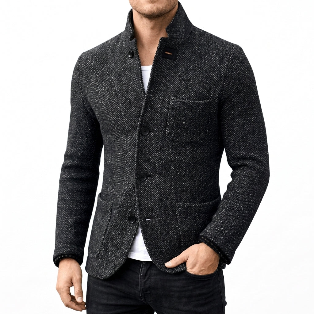 Overcoat in Dark Gray showing the buttoned front and classic longline shape