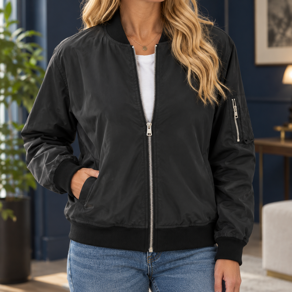 Woman wearing a black zip bomber jacket with ribbed trims and a sleeve pocket