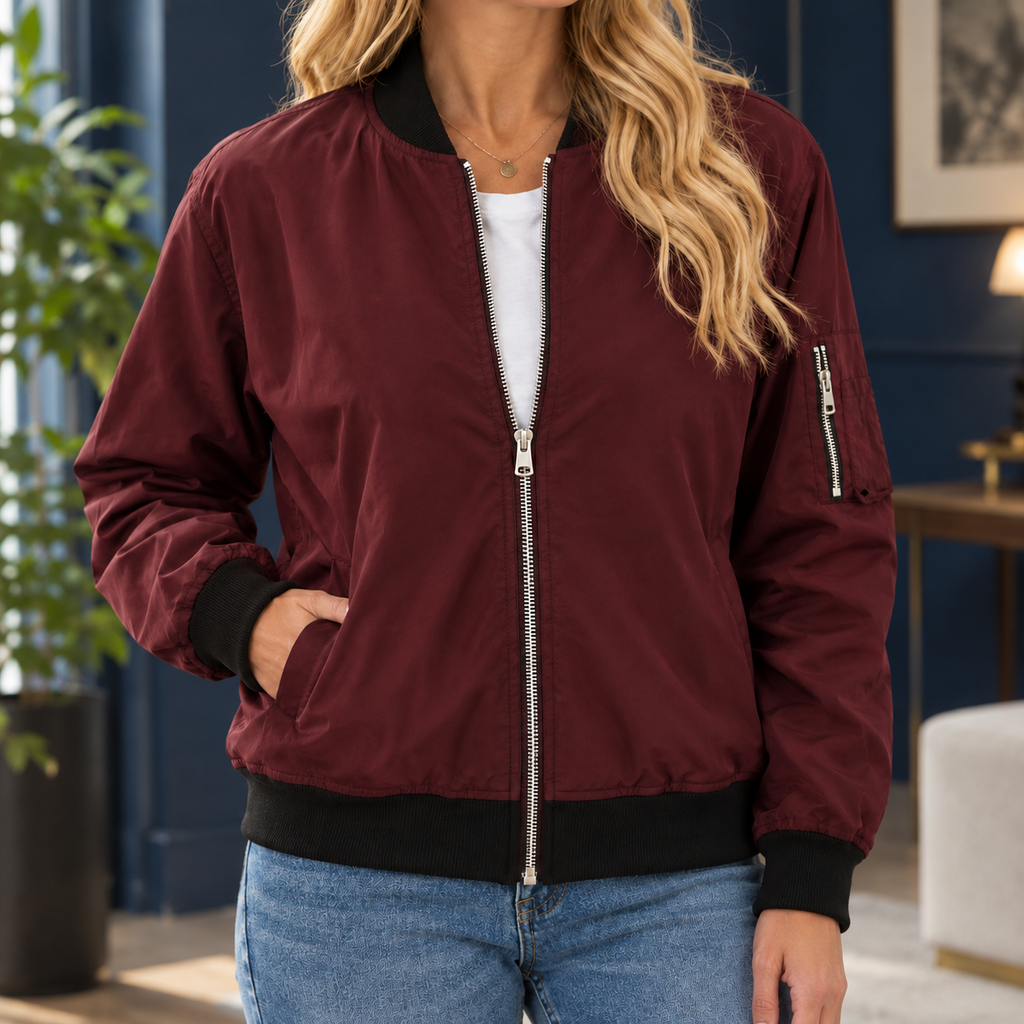 Woman wearing the zip bomber jacket in burgundy