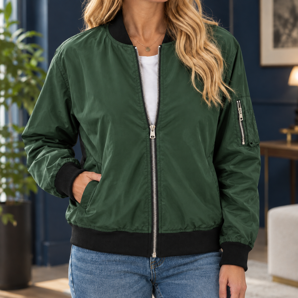Woman wearing the zip bomber jacket in dark green