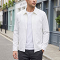 Zip Jacket in White showing the pointed collar and full-length zip