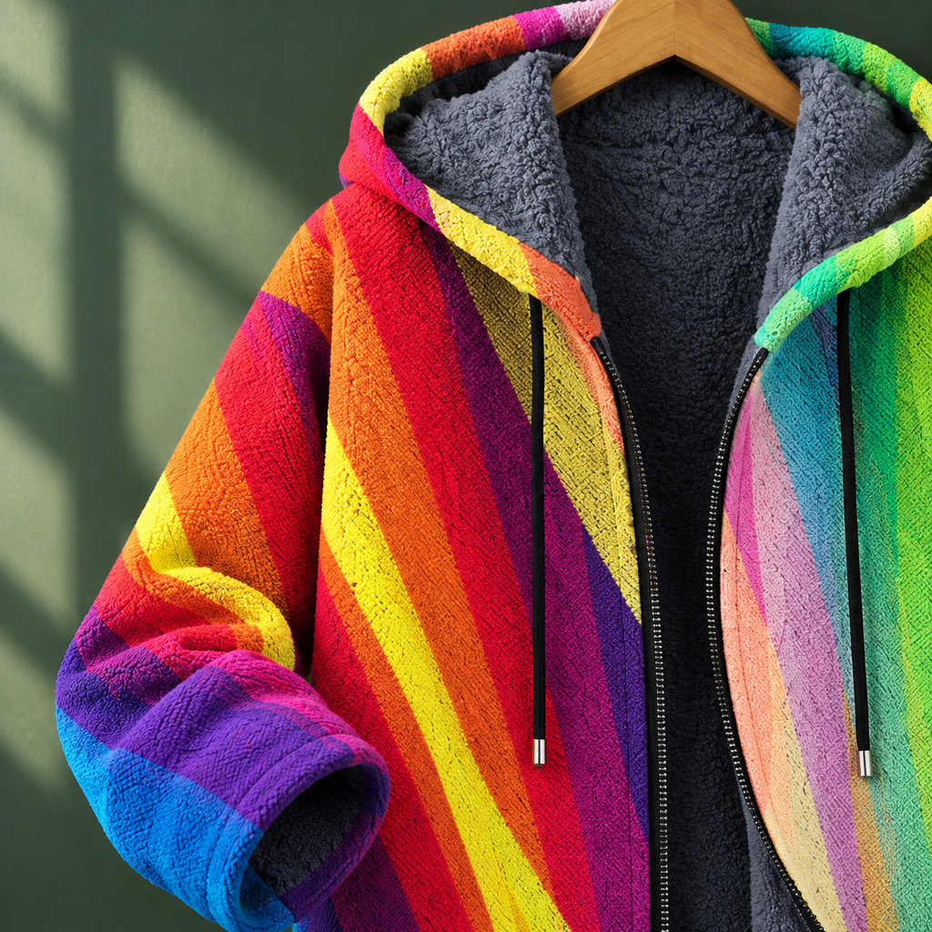 Men's Abstract Rainbow Zip Hoodie | Plush Lined Hood, Longline Layer product photo 2
