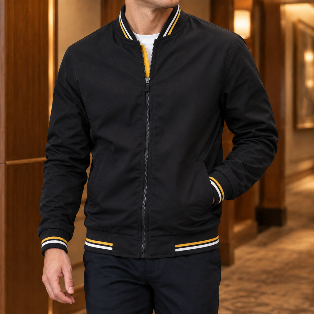 Men's Bomber Jacket | Striped Rib Trim, Multiple Colors, Everyday Outerwear product photo 2