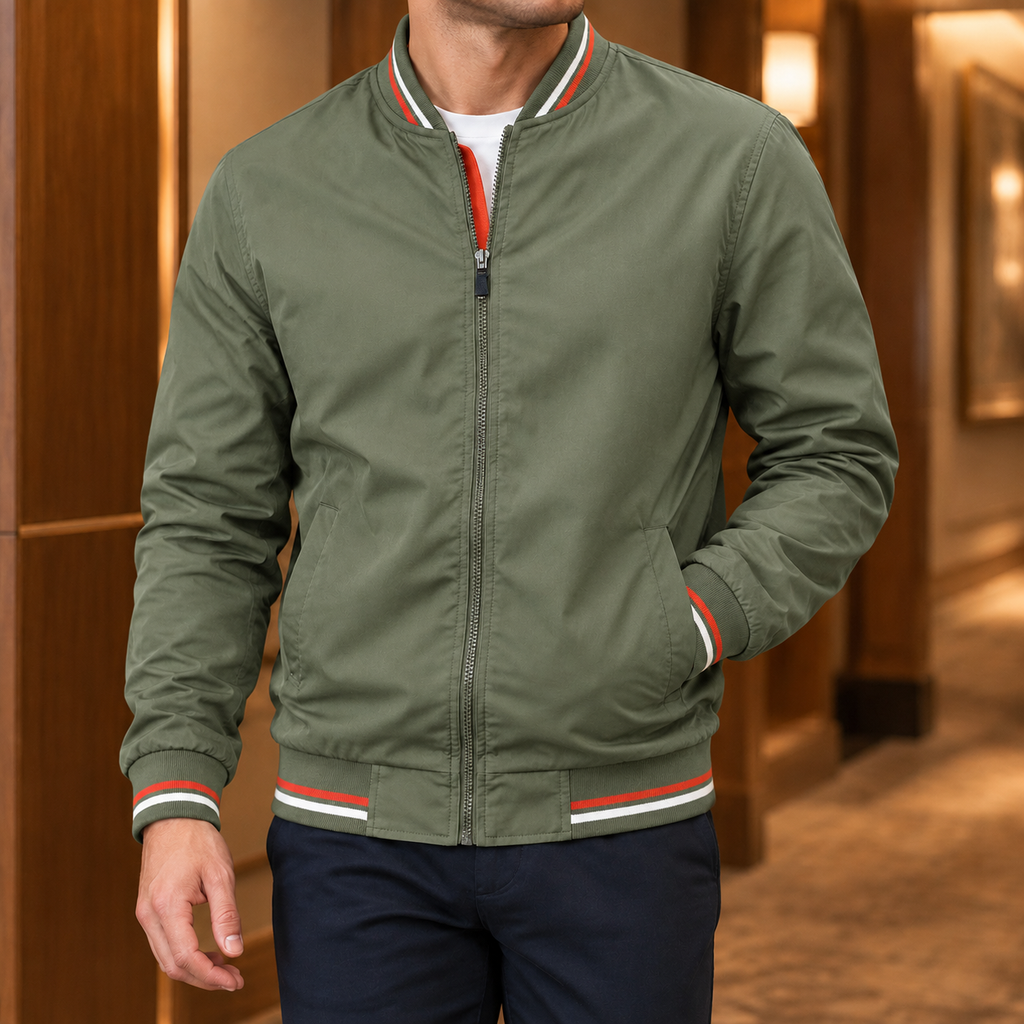 Men's Bomber Jacket | Striped Rib Trim, Multiple Colors, Everyday Outerwear product photo 4
