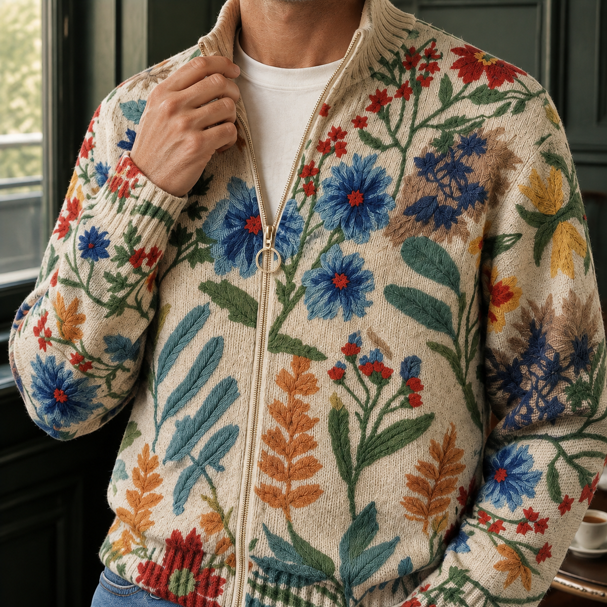 Men's Botanical Knit Sweater | Textured Full Zip, Cream, Everyday Layering product photo 2