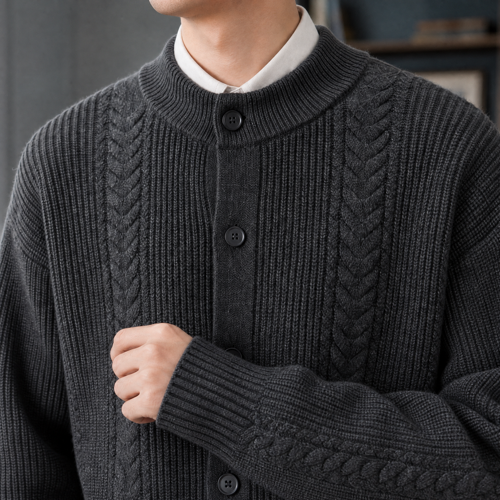 Men's Cable Knit Cardigan | High Ribbed Collar, Button Front, Relaxed Fit product photo 2