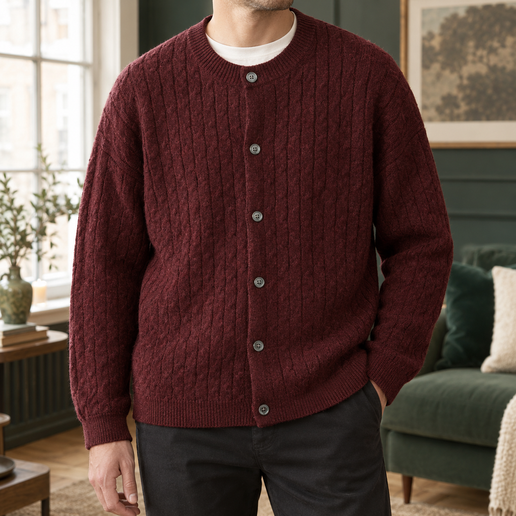 Men's Cable Knit Cardigan | Round Neck Button Front, Relaxed Everyday Layer product photo 1