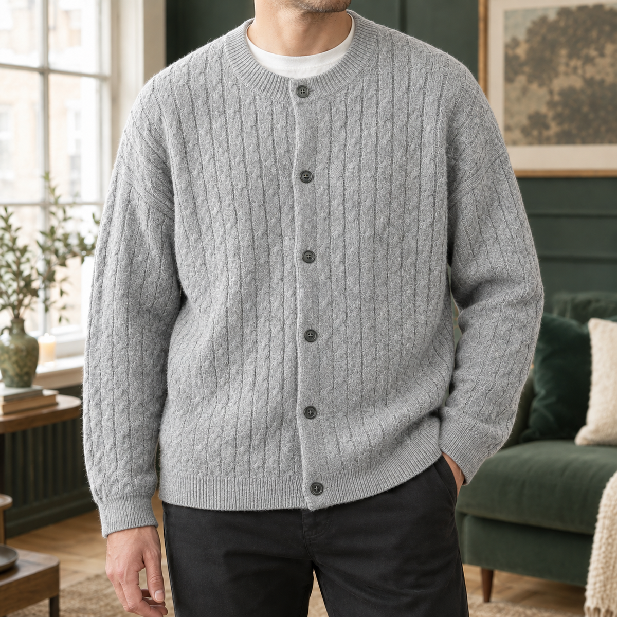 Men's Cable Knit Cardigan | Round Neck Button Front, Relaxed Everyday Layer product photo 4