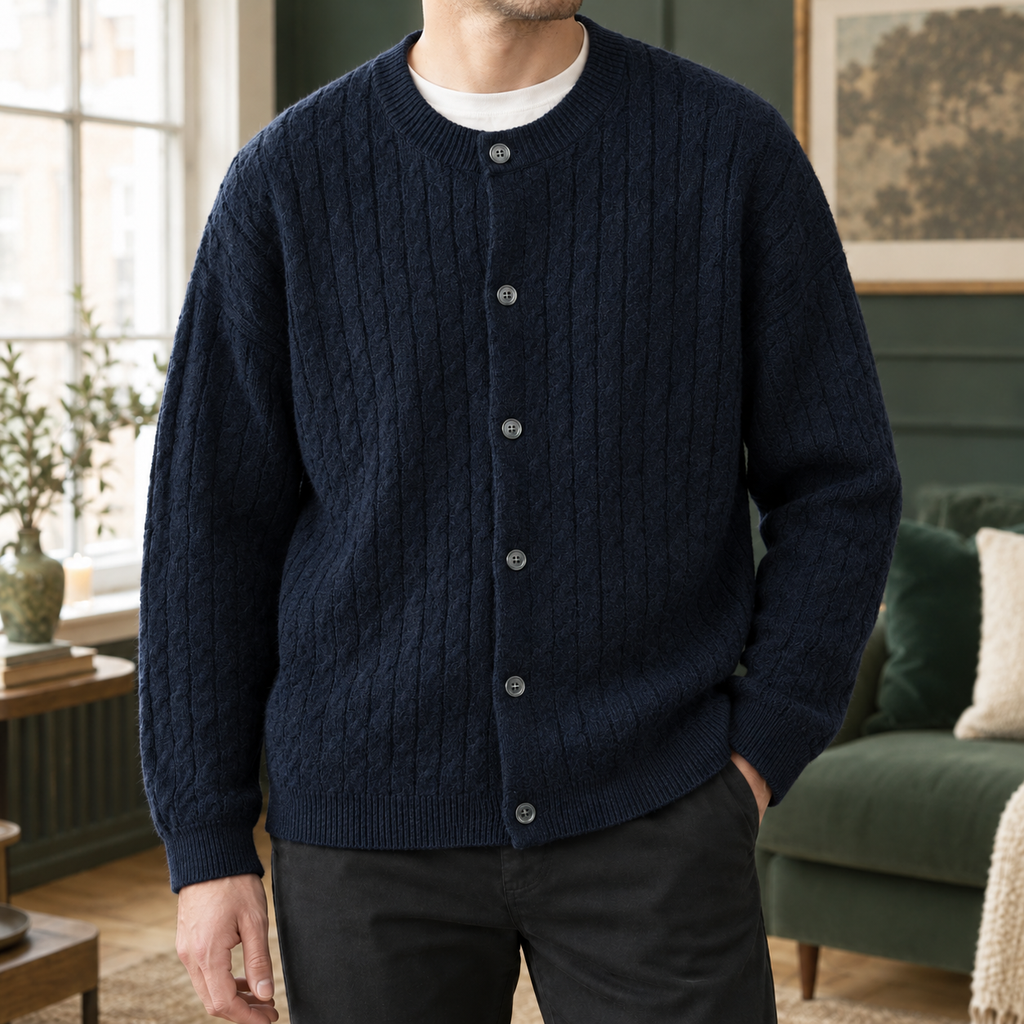 Men's Cable Knit Cardigan | Round Neck Button Front, Relaxed Everyday Layer product photo 5