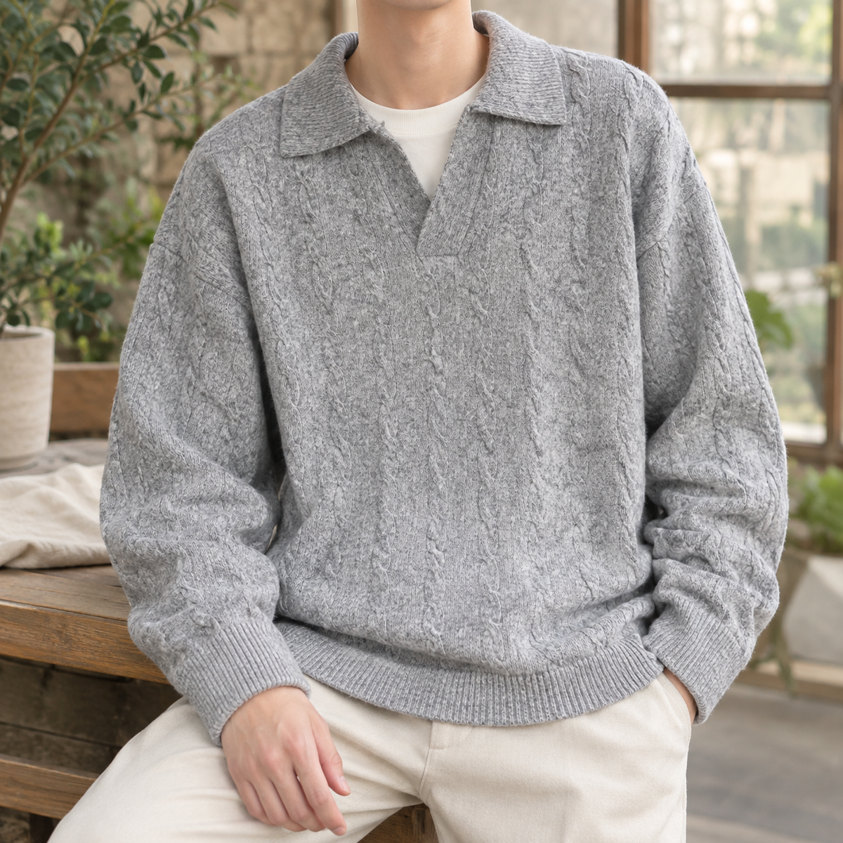 Men's Cable Knit Polo Sweater | Cotton Blend, Open Collar, Relaxed Fit product photo 1