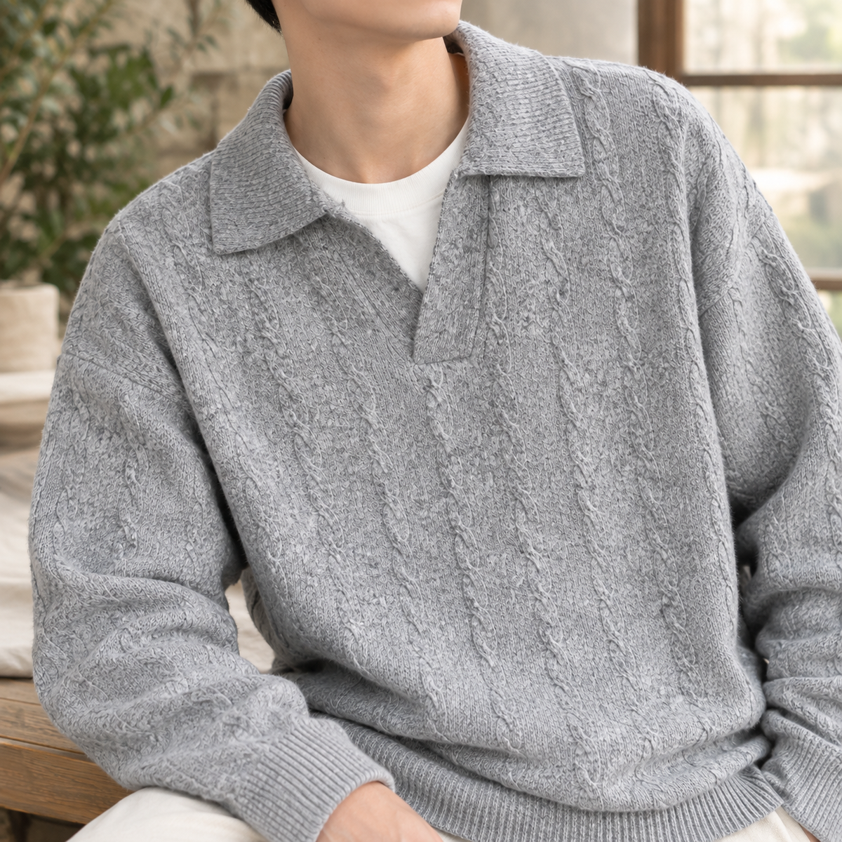 Men's Cable Knit Polo Sweater | Cotton Blend, Open Collar, Relaxed Fit product photo 2