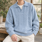 Men's Cable Knit Polo Sweater | Cotton Blend, Open Collar, Relaxed Fit product photo 3