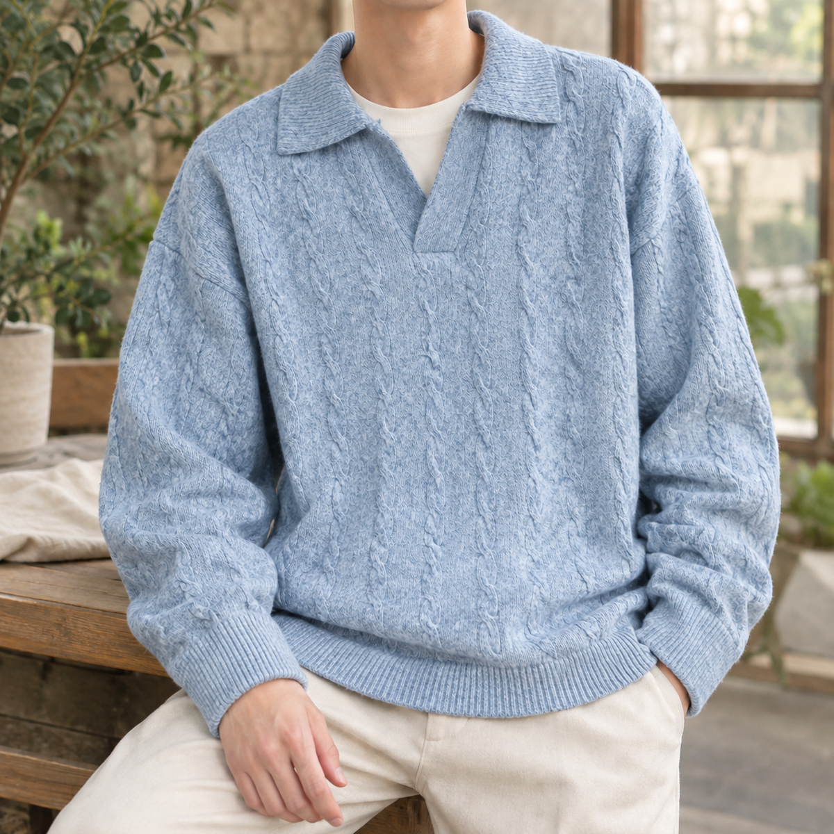 Men's Cable Knit Polo Sweater | Cotton Blend, Open Collar, Relaxed Fit product photo 3