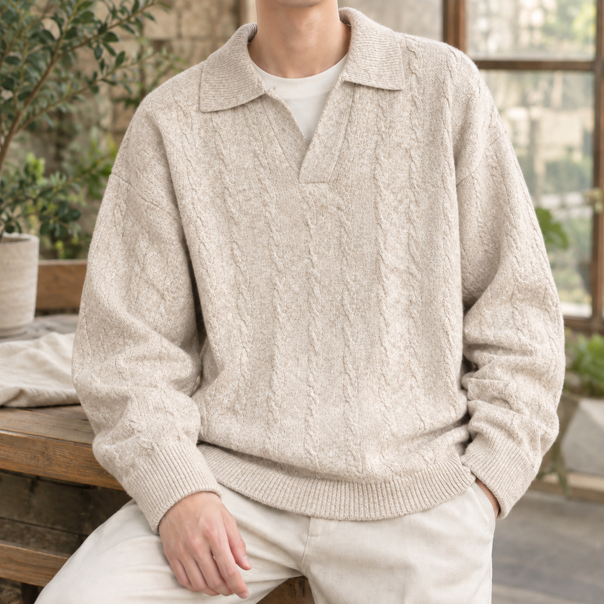 Men's Cable Knit Polo Sweater | Cotton Blend, Open Collar, Relaxed Fit product photo 4