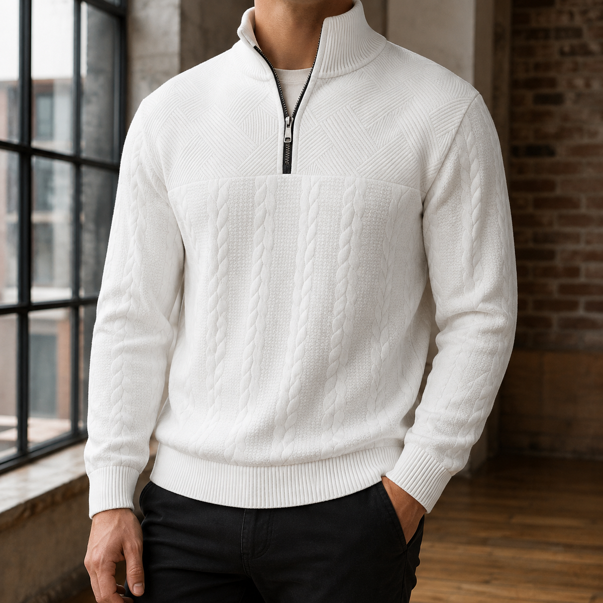 Men's Cable Knit Quarter Zip Sweater | Wool Blend, Stand Collar, Relaxed Fit product photo 1