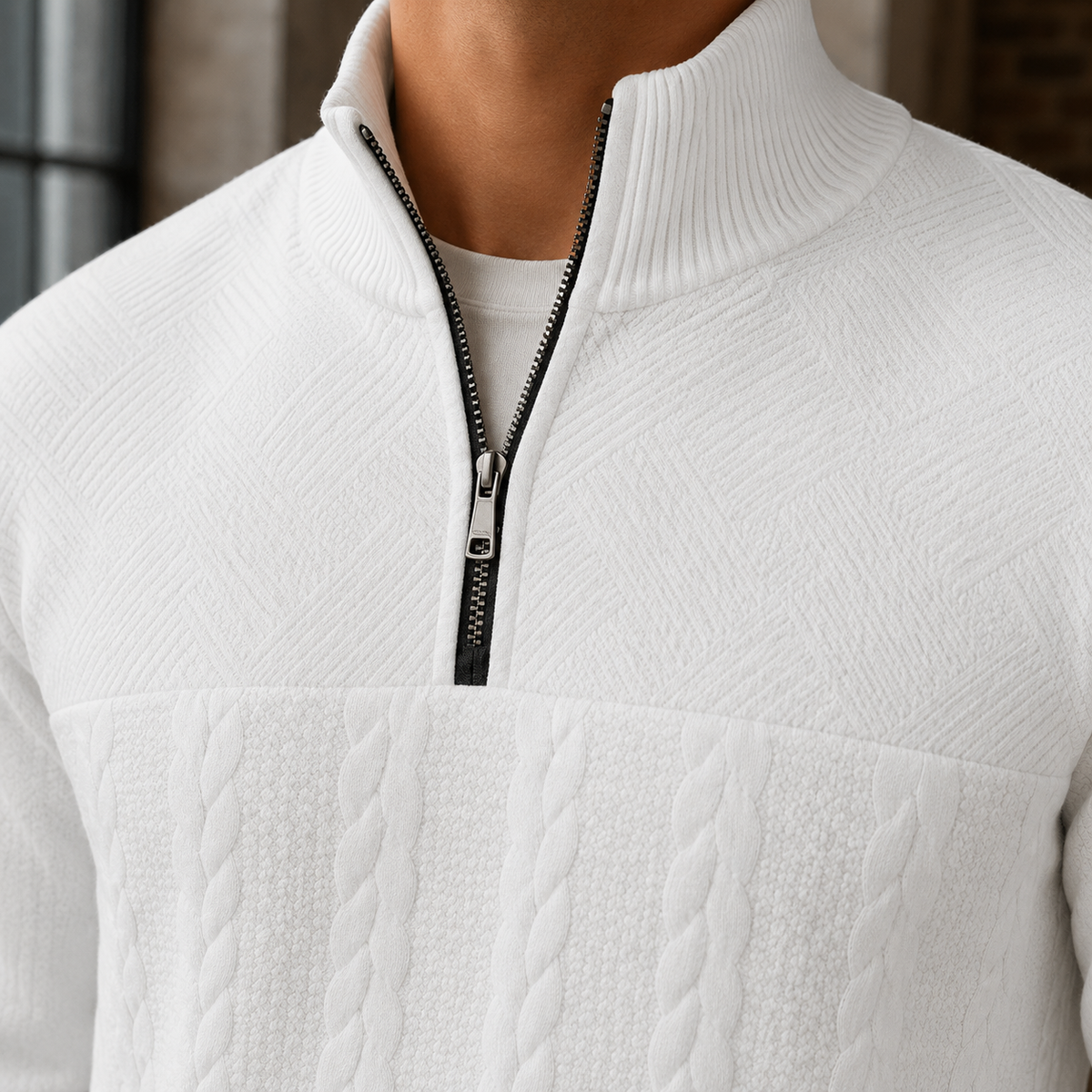 Men's Cable Knit Quarter Zip Sweater | Wool Blend, Stand Collar, Relaxed Fit product photo 2