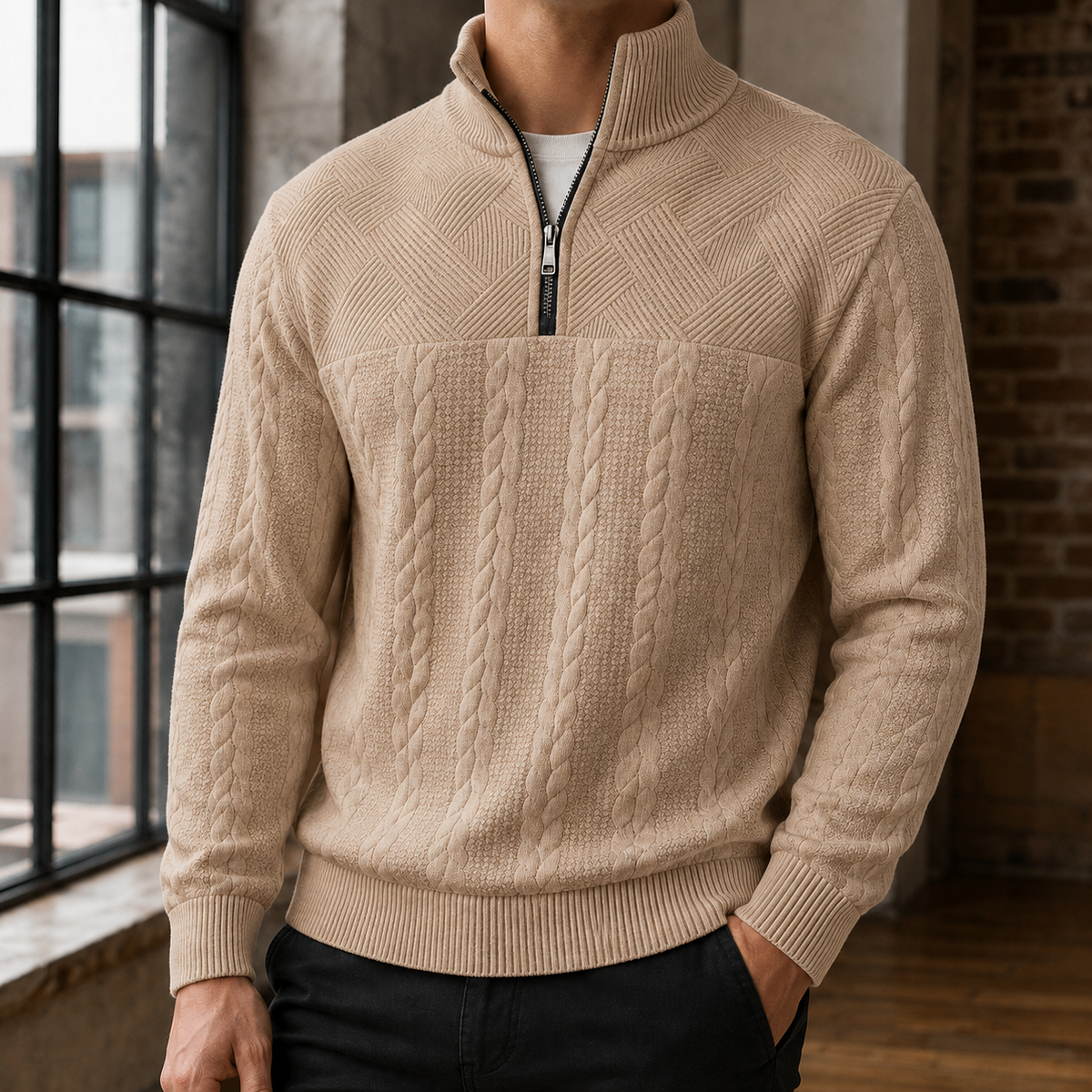 Men's Cable Knit Quarter Zip Sweater | Wool Blend, Stand Collar, Relaxed Fit product photo 3