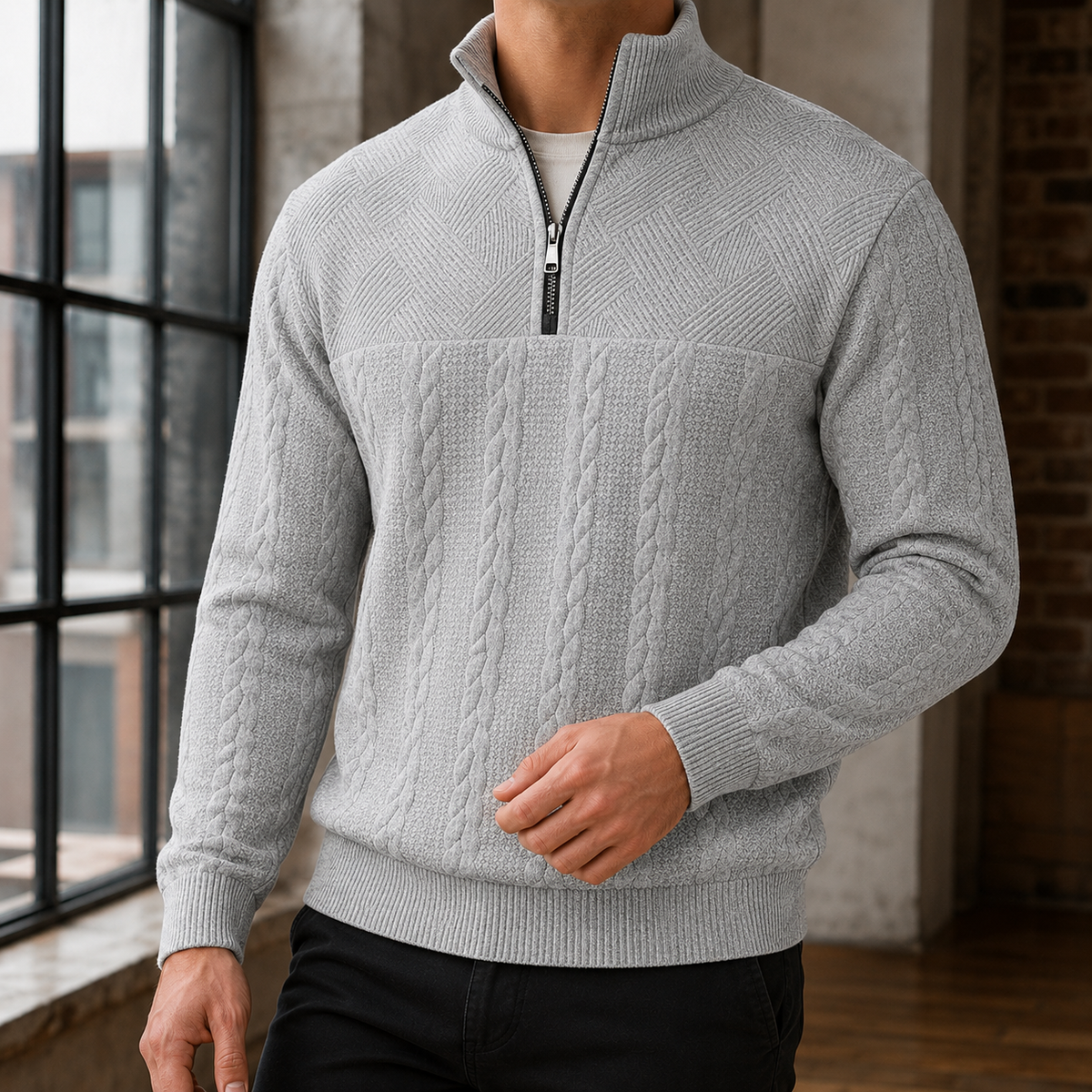 Men's Cable Knit Quarter Zip Sweater | Wool Blend, Stand Collar, Relaxed Fit product photo 4