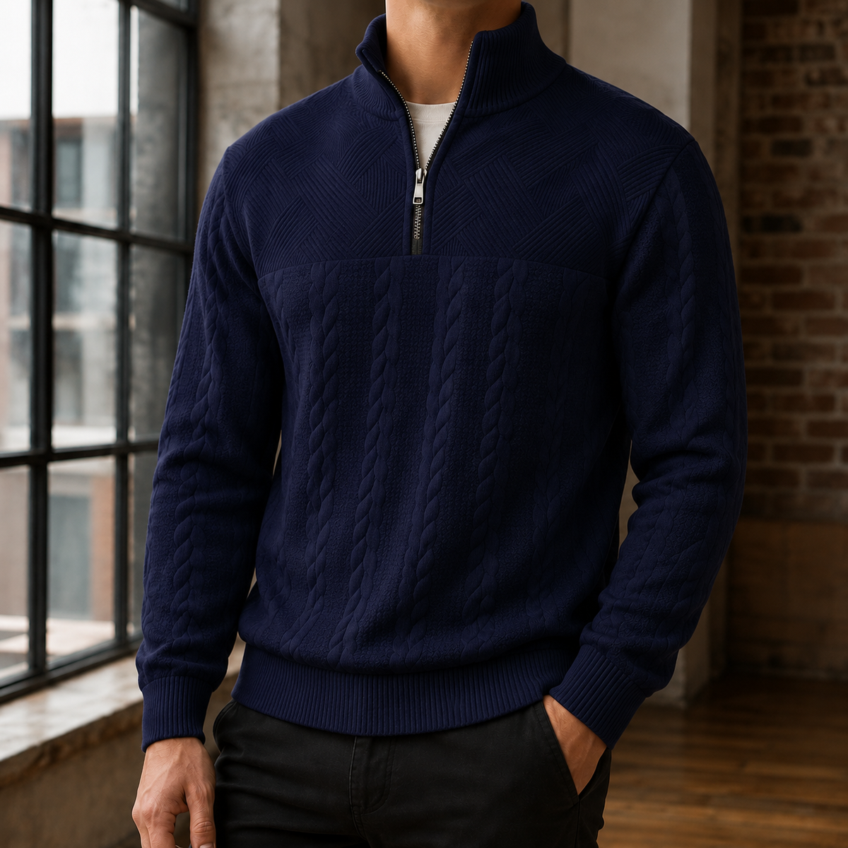 Men's Cable Knit Quarter Zip Sweater | Wool Blend, Stand Collar, Relaxed Fit product photo 5
