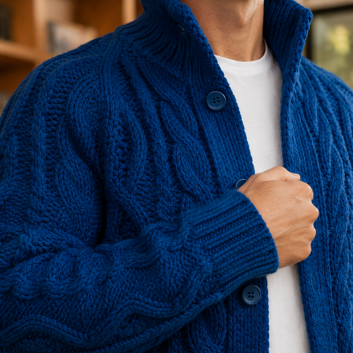 Men's Cable Knit Sweater | Button Front Tall Collar, Multiple Colors, Everyday Layering product photo 2