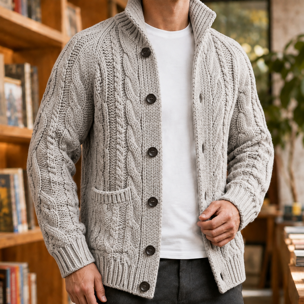Men's Cable Knit Sweater | Button Front Tall Collar, Multiple Colors, Everyday Layering product photo 3