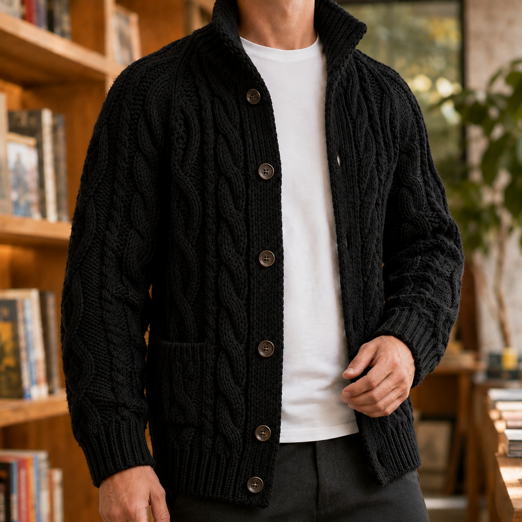 Men's Cable Knit Sweater | Button Front Tall Collar, Multiple Colors, Everyday Layering product photo 4