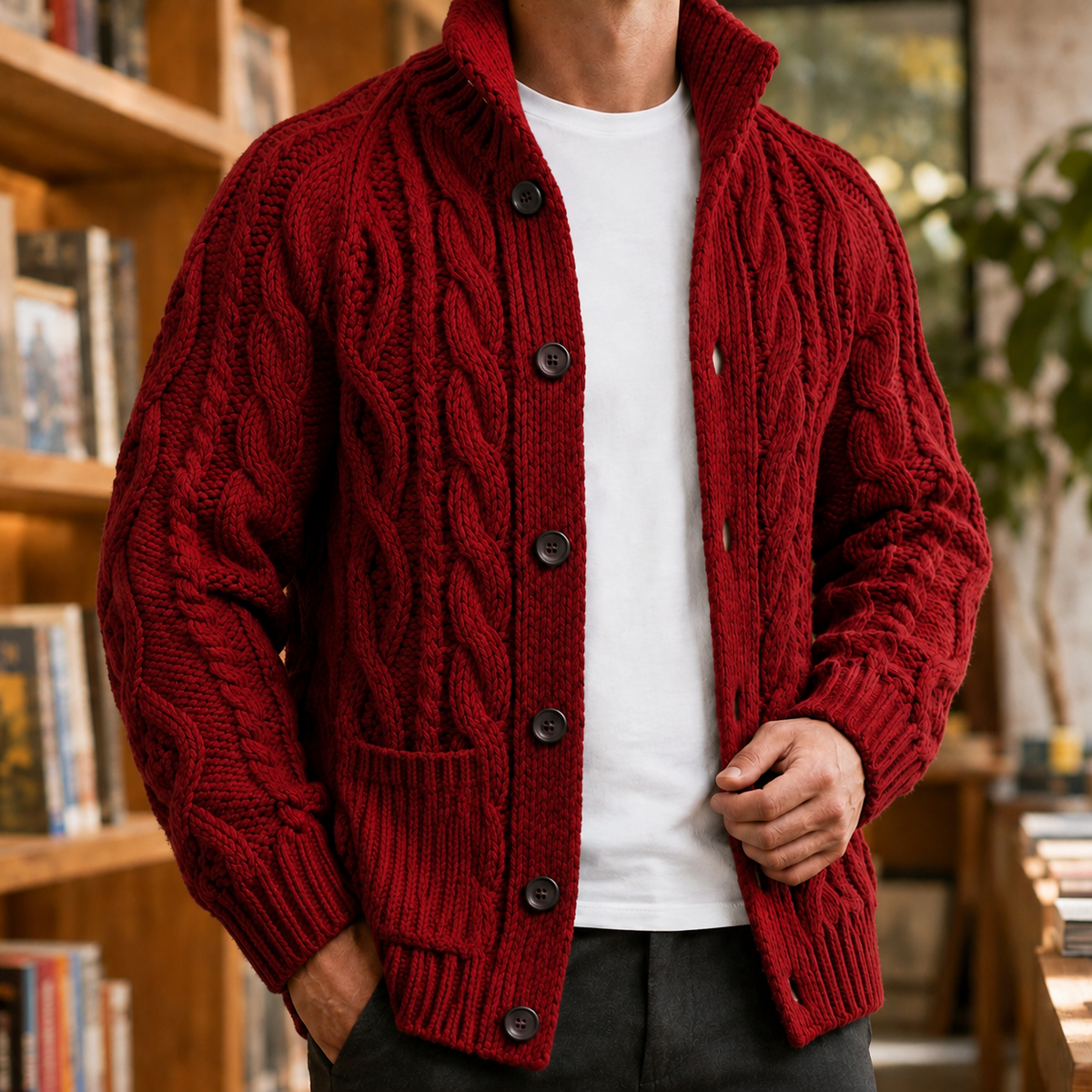 Men's Cable Knit Sweater | Button Front Tall Collar, Multiple Colors, Everyday Layering product photo 5