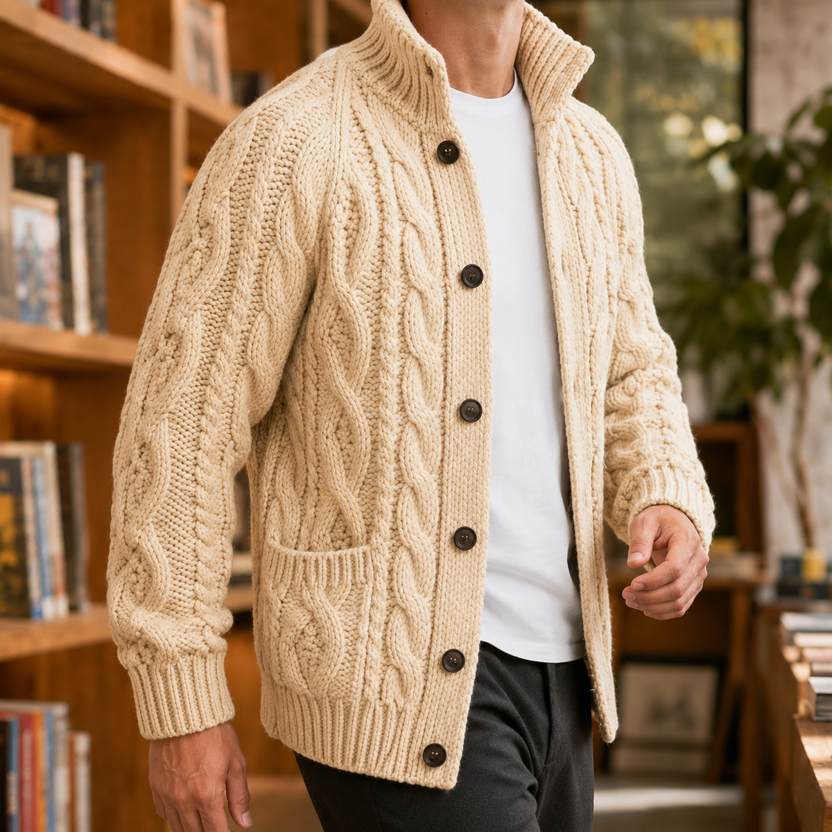 Men's Cable Knit Sweater | Button Front Tall Collar, Multiple Colors, Everyday Layering product photo 6
