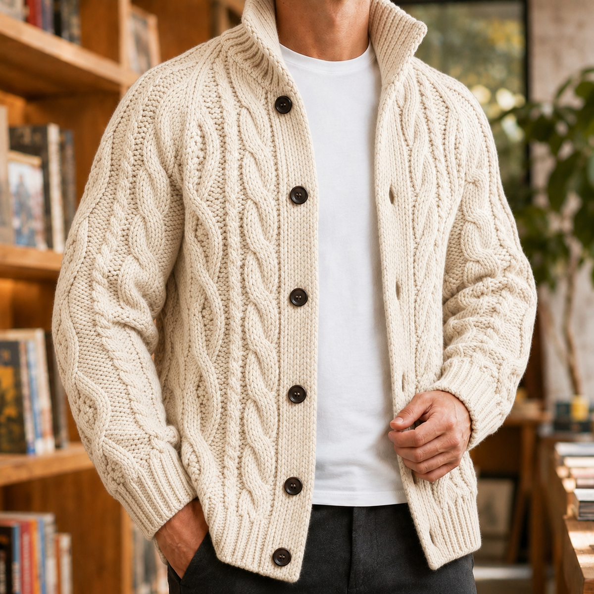 Men's Cable Knit Sweater | Button Front Tall Collar, Multiple Colors, Everyday Layering product photo 7