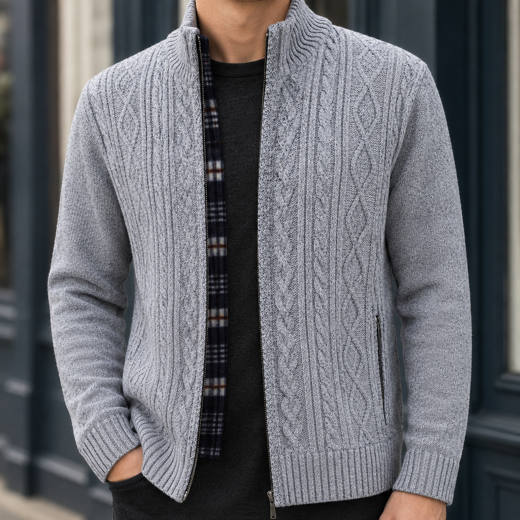 Men's Cable Knit Zip Cardigan | Plaid Lined Interior, Stand Collar, Relaxed Fit product photo 1