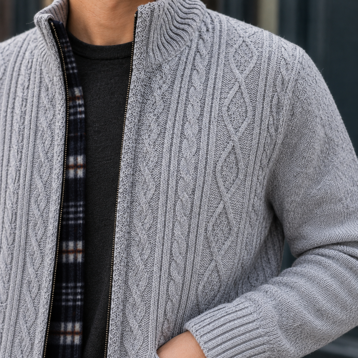 Men's Cable Knit Zip Cardigan | Plaid Lined Interior, Stand Collar, Relaxed Fit product photo 2