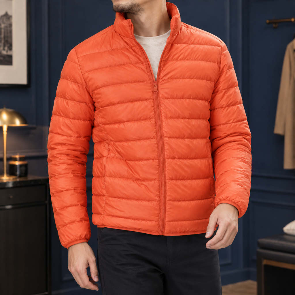Men's Cashmere Puffer Jacket | Lightweight Quilted Stand Collar, Black or Orange product photo 2