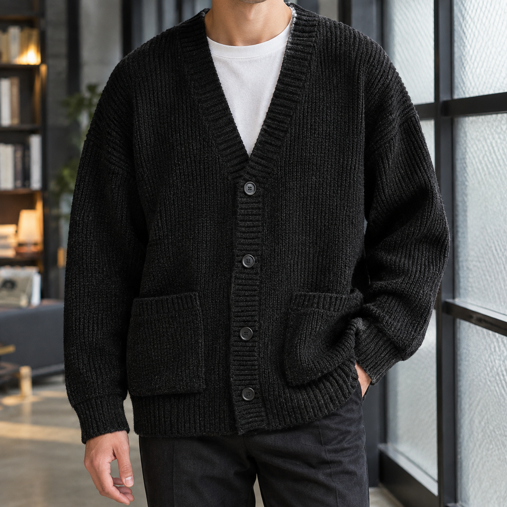 Men's Chunky Ribbed Cardigan | Deep V Neck, Patch Pockets, Relaxed Fit product photo 1