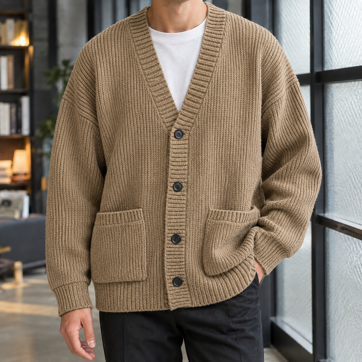 Men's Chunky Ribbed Cardigan | Deep V Neck, Patch Pockets, Relaxed Fit product photo 2