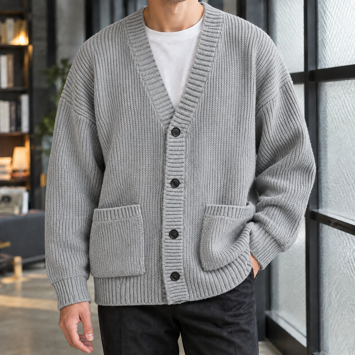 Men's Chunky Ribbed Cardigan | Deep V Neck, Patch Pockets, Relaxed Fit product photo 4