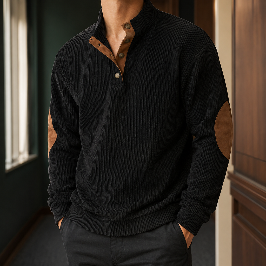 Men's Corduroy Pullover | Stand Collar Snap Placket, Ribbed Trim, Smart Casual Layer product photo 1