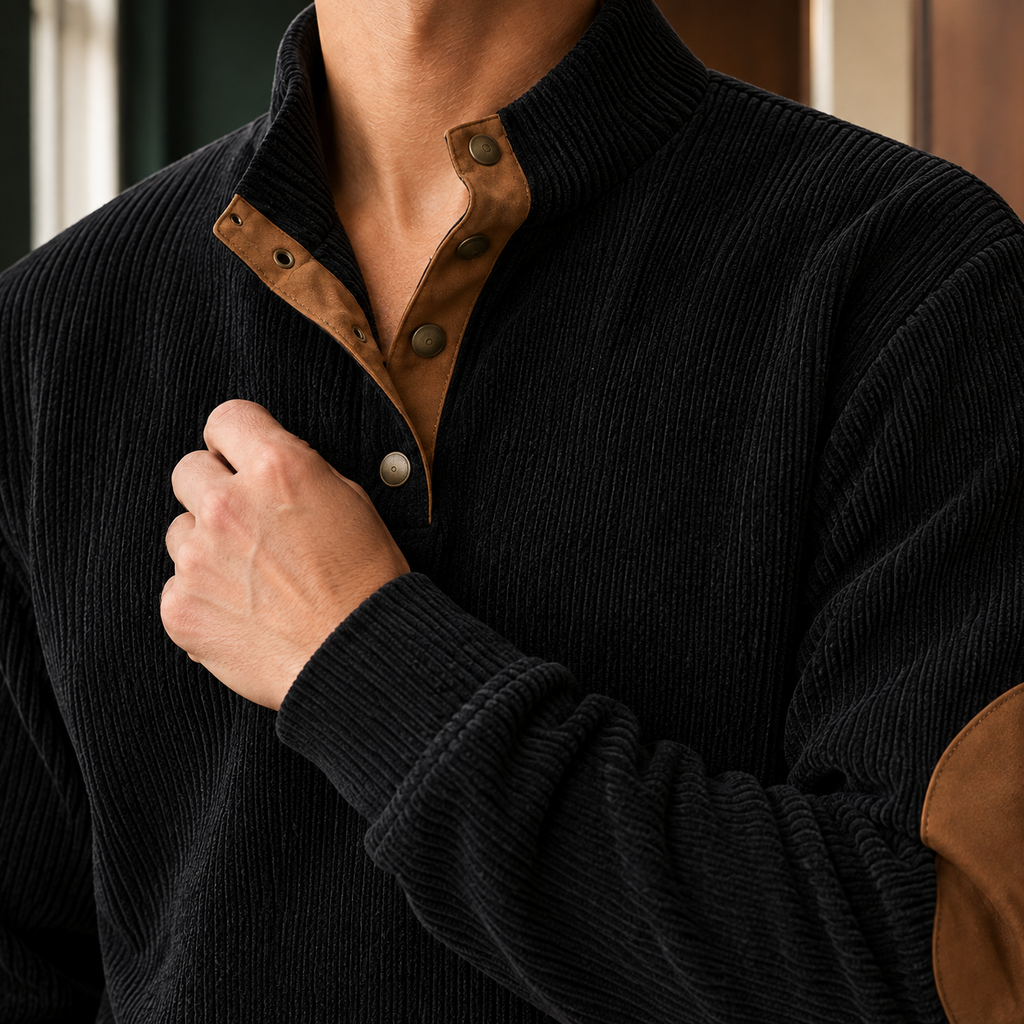 Men's Corduroy Pullover | Stand Collar Snap Placket, Ribbed Trim, Smart Casual Layer product photo 2