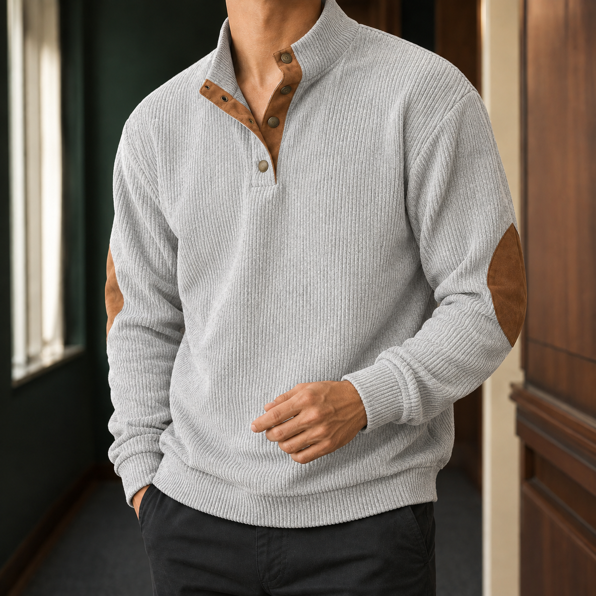 Men's Corduroy Pullover | Stand Collar Snap Placket, Ribbed Trim, Smart Casual Layer product photo 4